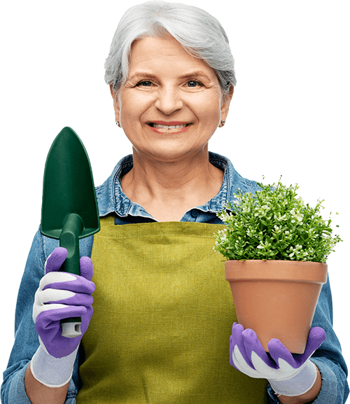 smiling senior lady holding trowel and plant